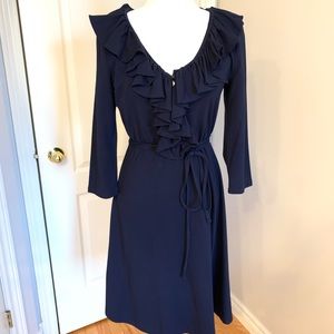 Navy Ralph Lauren Dress- ruffled neck- A-line- stretch jersey